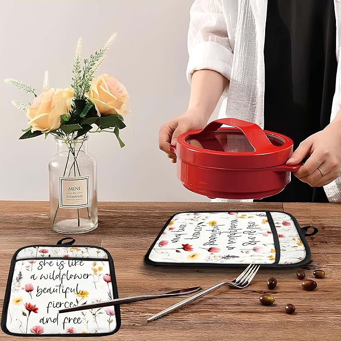 Inspirational Floral Pot Holders with Pockets, She is Like a Wildflower Oven Pot Holders Heat Resistant Oven Mitts Hot Pads for Kitchen Baking Cooking