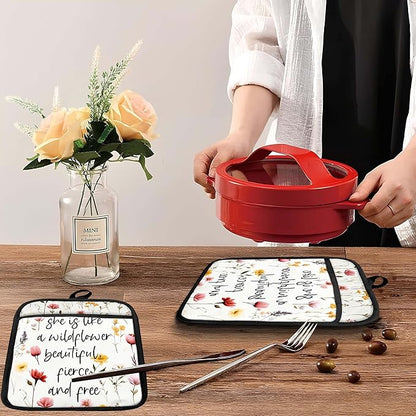 Inspirational Floral Pot Holders with Pockets, She is Like a Wildflower Oven Pot Holders Heat Resistant Oven Mitts Hot Pads for Kitchen Baking Cooking