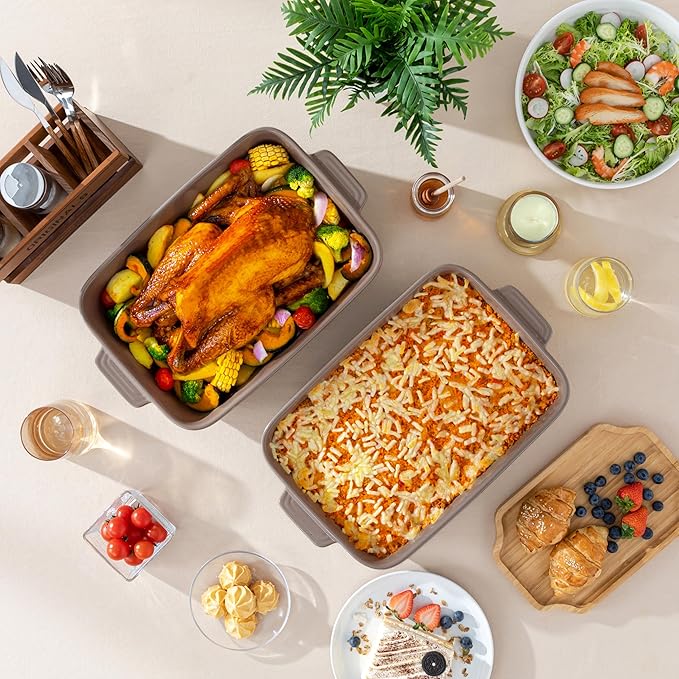MALACASA 4.8 Qt Lasagne Dishes for Oven, 9 x 13 Inches Brown Ceramic Oven Dish with Handles, Deep Rectangular Baking Dish Casserole Dishes, Lasagna Pan Bakeware for Roasting, Series TARA - Image 7