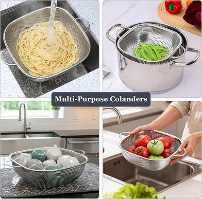 E-far 3 Pack Colander for Kitchen, Square Stainless Steel Metal Strainer Colander with Handle for Draining Food Pasta Vegetable, Micro-Perforated & Elevated Feet, Dishwasher Safe(2.4/4/6QT) - Image 4