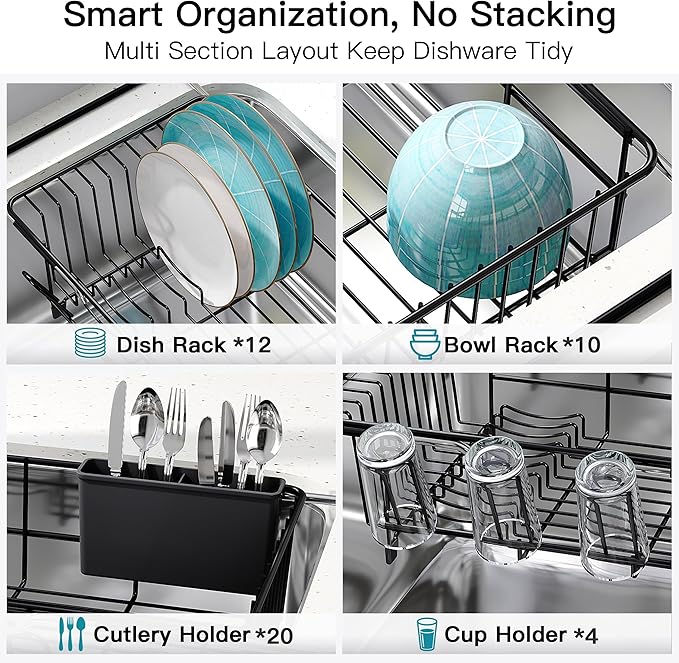 Dish Drying Rack Over the Sink In Stainless Steel Black Expandable Drainer for Small Kitchen, Counter Space Saving Compact Inside Sink Plate Dryer, Adjustable Hanging Metal Wire Strainer Drain Holder - Image 7