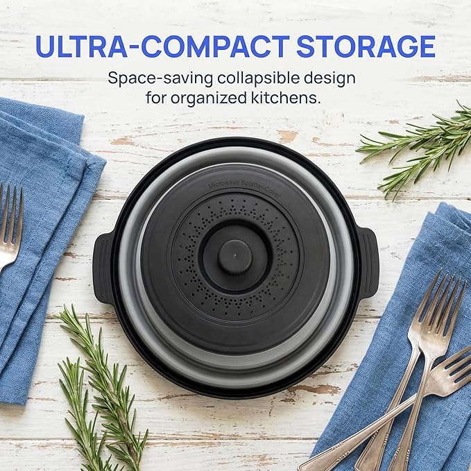Microwave Food Cover With Handle - Collapsible And Vented Silicone Splash Guard With Tray - For Microwave Food Heating-Splash Guard Can Be Used As a Draining Basket For Washing Vegetables (Black)