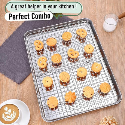 Homikit Baking Sheet with Wire Rack Set (1 Pan+1 Rack), 16" x 12" Stainless Steel Cookie Bacon Pan for Oven, Nonstick Jelly Roll Pan Baking Tray with Grid Cooling Rack for Cook Roast, Dishwasher Safe