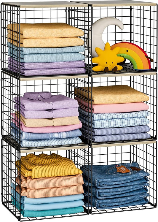 Hencawima 6 Pack Stackable Closet Organizers and Storage Basket, Closet Shelves with Wood Top, Clothes Storage Bin/Cube Organizer for Wardrobe, Space-Saving, Closet Organization, Black, Sturdy, Metal