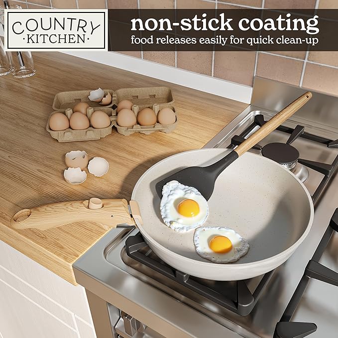 Country Kitchen Cookware Set with Removable Handle, Oven & RV Safe Pots and Pans Set, Cream Gold Speckle Wood Handle, Original - Image 4