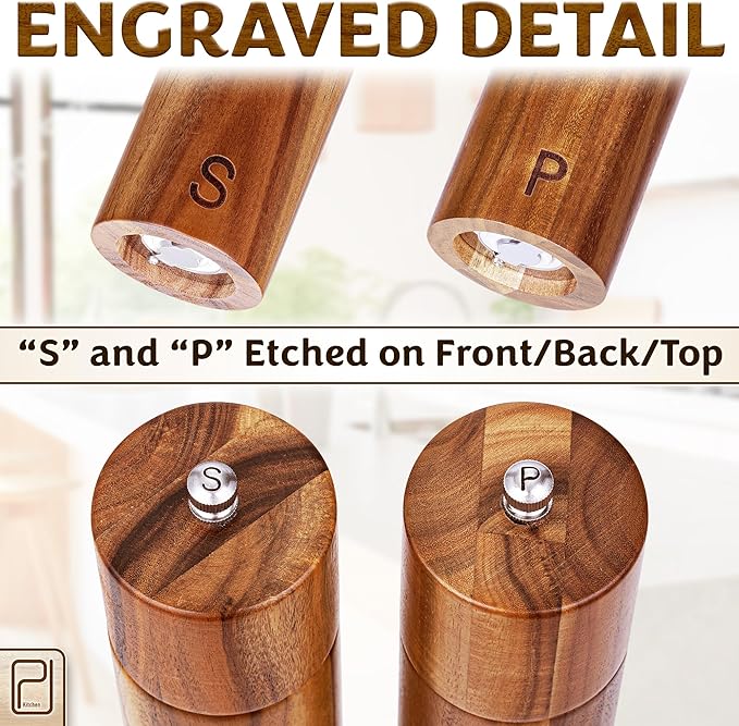 Premium Wooden Salt and Pepper Grinder Set - 28 g / 1 oz each, Acacia Solid Wood Mills - Refillable Coarse Grain Salt & Peppercorn Manual Twist Grinders - Modern or Rustic Home Table - by PJC-Kitchen - Image 3