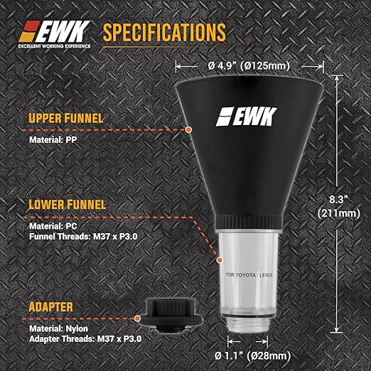 EWK Oil Funnel Threaded Engine Oil Fill Funnel, Secure No-Leak Design for Toyota & Lexus Engines, Hands-Free Spill-Free Oil Change Tool for DIY Owners & Professional Technicians