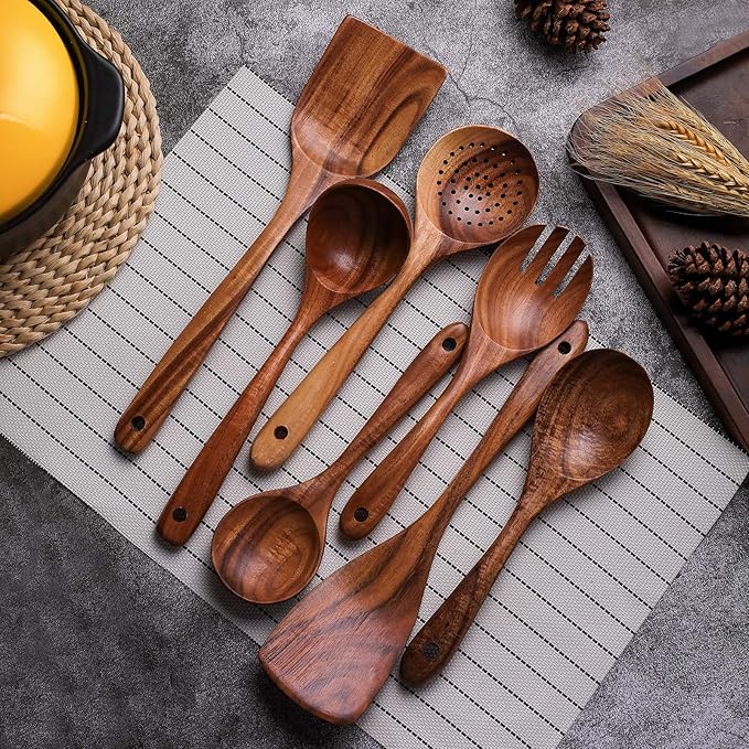 Wooden Non-Stick Kitchen Pan Toolset 7 Pieces Set, Natural Kitchen Utensils Spatula, Wooden Cooking Utensils Spoons, Fried Spatula and Salad Fork - Image 3