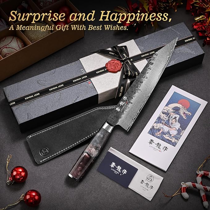 8.27 Inch Japanese Kiritsuke Chef Knife with VG10 Core, Professional 67-Layer Hand-Forged Damascus Knife with Ergonomic Handle, Leather Sheath and Elegant Gift Box – Perfect Gifts for Women Men