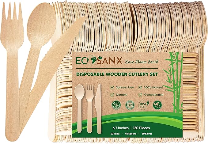 ECOSANX® 120 PCs Disposable Wooden Cutlery set 6.5" Splinter Free Compostable Utensils for party, Eco-Friendly, 100% All-Natural Bamboo Utensils set for picnic, Bamboo cutlery set for Events & More by ECOSANX