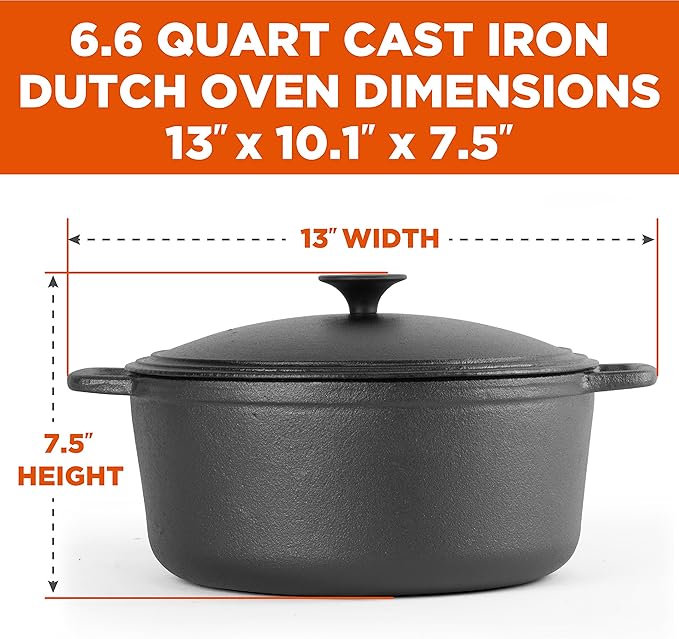 COMMERCIAL CHEF 6.6 Quart Cast Iron Dutch Oven with Dome Lid and Handles - Image 2