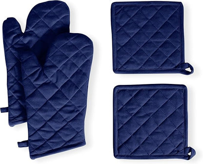 Native Fab 4 Piece Set - 2 Oven Mitts & 2 Potholders, Heat Resistant, 100% Cotton, Quilted Design, Non-Slip Grip, Machine Washable, Ideal for Baking, Cooking, BBQ, Kitchen Protection - Ink Blue by NativeFab