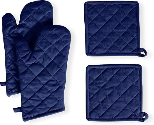 Native Fab 4 Piece Set - 2 Oven Mitts & 2 Potholders, Heat Resistant, 100% Cotton, Quilted Design, Non-Slip Grip, Machine Washable, Ideal for Baking, Cooking, BBQ, Kitchen Protection - Ink Blue by NativeFab