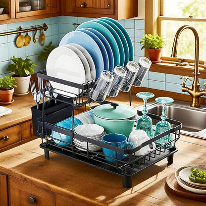 MOUKABAL Dish Drying Rack, Dish Rack, Stainless Steel Dish Racks for Kitchen Counter, Dish Drainer with Removable Utensil Holder, Drainboard (Black,2 Tier,13''W x 17''L) - Image 2