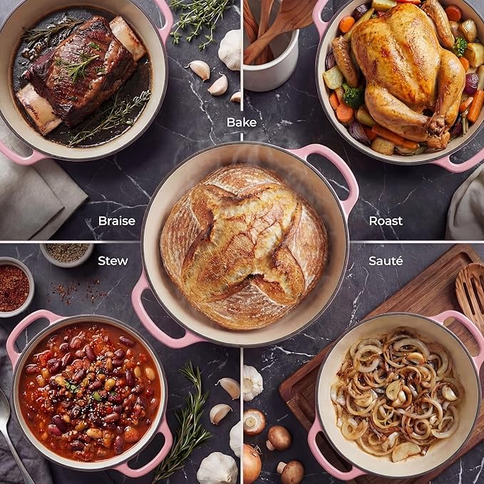 Zulay Kitchen 7.7 Quart Enameled Cast Iron Dutch Oven Pot with Lid – Premium Durability & Oven Safe up to 500°F – Heavy Duty Cookware Perfect for Bread Baking, Stews, Braising & Roasting – Pink - Image 3