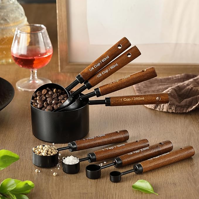 8PCS Measuring Cups and Spoons Set, DV Stainless Steel Measuring Cups with Ergonomic Wooden Handle for Cooking & Baking - Image 4
