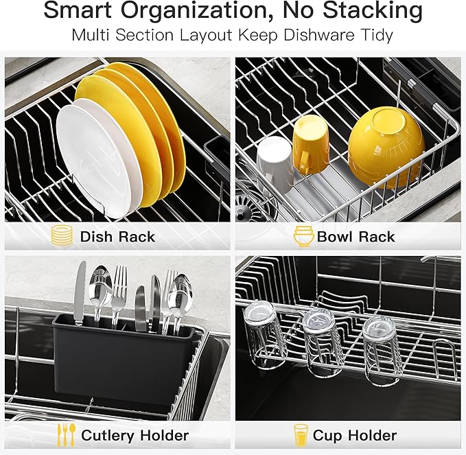 JASIWAY Dish Drying Rack in Sink, Expandable Stainless Steel Dish Drainers with Drainboard for Kitchen Counter, Space Saving Dish Dryer Rack, Over The Sink Dish Racks with Utensil Holder, Sliver - Image 7