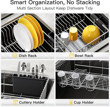 JASIWAY Dish Drying Rack in Sink, Expandable Stainless Steel Dish Drainers with Drainboard for Kitchen Counter, Space Saving Dish Dryer Rack, Over The Sink Dish Racks with Utensil Holder, Sliver - Image 7