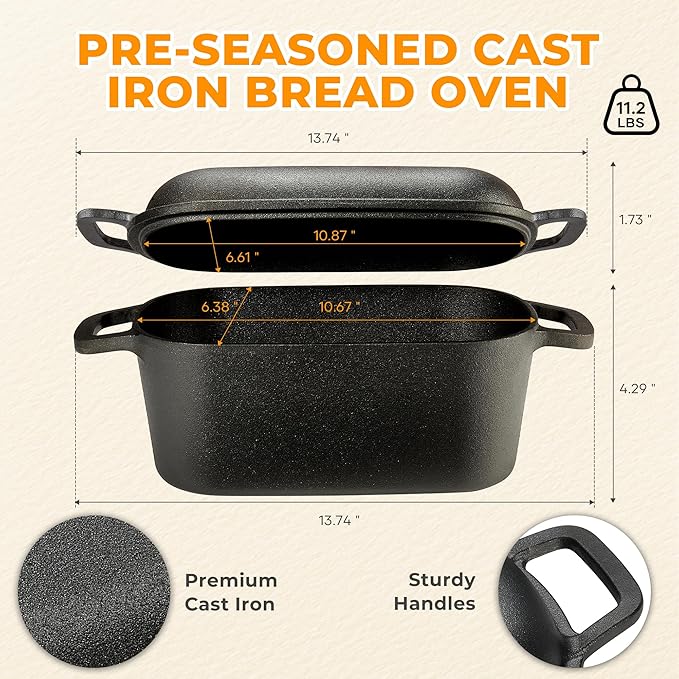 Oval Dutch Oven for Bread Baking, Pre-seasoned Cast Iron Bread Pans for Homemade Bread, Even Heat Distribution Sourdough Baking Pan, 3.6Qt