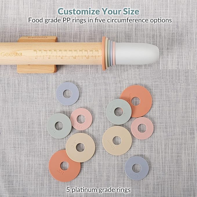 Geesta Adjustable Wood Rolling Pin with 5 Thickness Rings, Precise Dough Roller Handle Press Design with Measurement Guide for Fondant, Pizza, Pie Crust, Cookie, Pastry Baking Decorating Accessories - Image 8