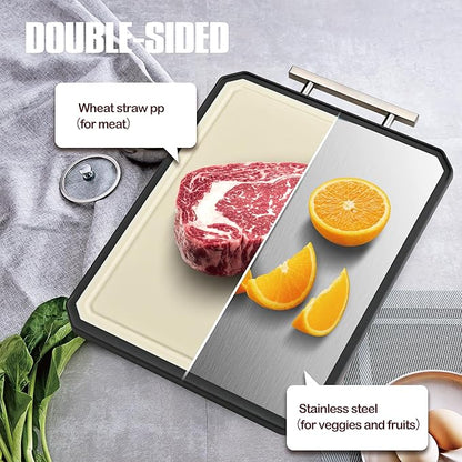 SNOWCLAD Stainless Steel Cutting Board,Double Sided Steel Cutting Board Set for kitchen,Stainless Steel/Wheat straw pp Large for meat,Dishwasher Safe [16 * 11+12 * 8.3 Inch] - Image 4
