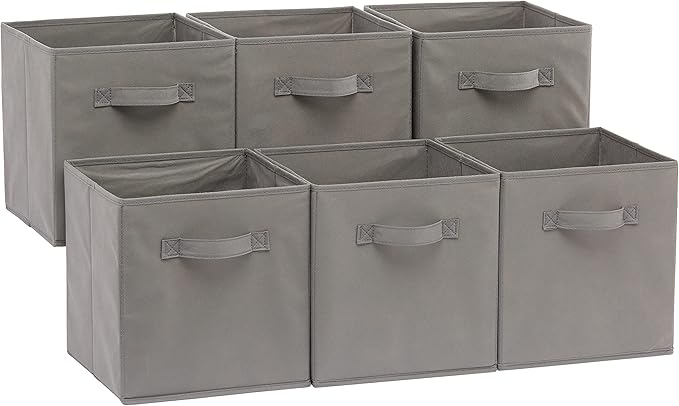 Amazon Basics Collapsible Fabric Storage Cubes Organizer with Handles, Sturdy, Foldable, Space-Saving, 10.5"x10.5"x11", Gray, 6-Pack by AmazonBasics