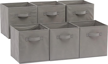 Amazon Basics Collapsible Fabric Storage Cubes Organizer with Handles, Sturdy, Foldable, Space-Saving, 10.5"x10.5"x11", Gray, 6-Pack by AmazonBasics