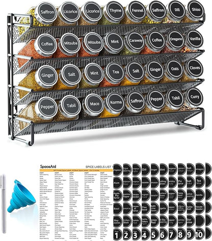 SpaceAid Spice Rack Organizer with 32 Spice Jars, 386 Spice Labels, Chalk Marker and Funnel Set for Cabinet, Countertop, Pantry, Cupboard or Door & Wall Mount - 32 Jars, 15.3" W × 10.8" H, Black by SpaceAid