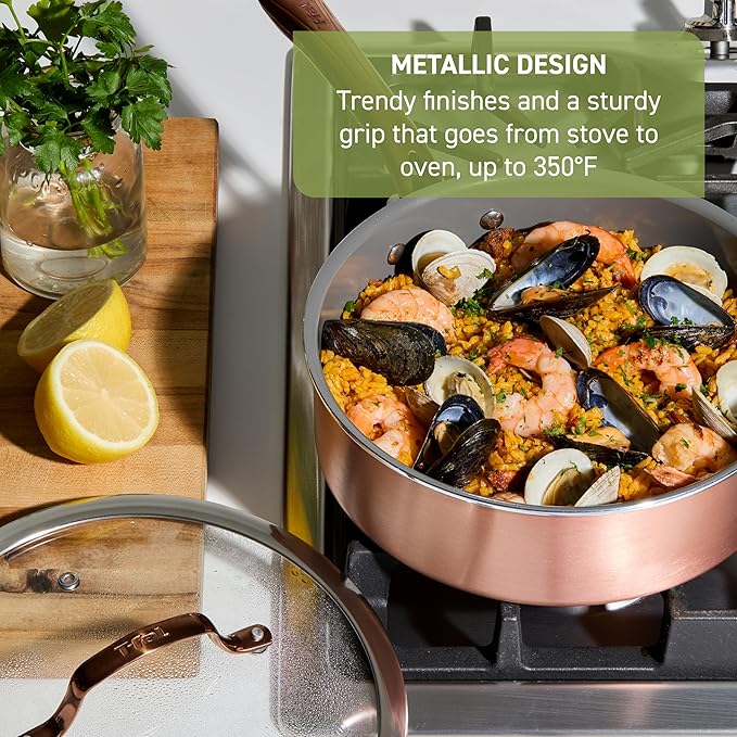 T-Fal Preserve Ceramic Nonstick Saute Pan with Lid 5.5 Qt, Oven and Broiler Safe up to 350°F Cookware, Frying Pan, Stay-Cool Handle, Skillet Pots and Pans, Rose Gold - Image 4