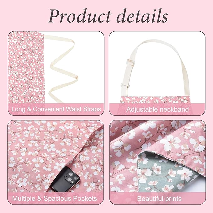 Aoomzoon Kitchen Aprons for Women with 2 Pockets,Double Sided Vintage Adjustable Apron for Gardening Cooking Arting Painting - Image 3
