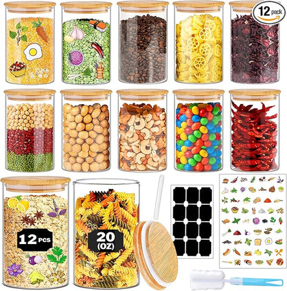BGraceyy Glass Jars with Bamboo Lids 20 oz, 12 Pcs Stackable Kitchen Glass Pantry Storage Containers with Airtight Bamboo Lids for Rice, Candy, Sugar, Flour, Nuts, Cookie, Bean by BGraceyyMoments