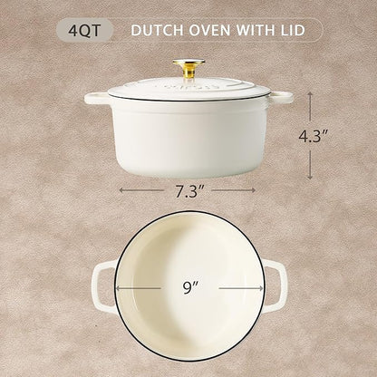 CAROTE Enameled Cast Iron Dutch Oven Pot with Lid, 4 QT, Cream White - Image 2