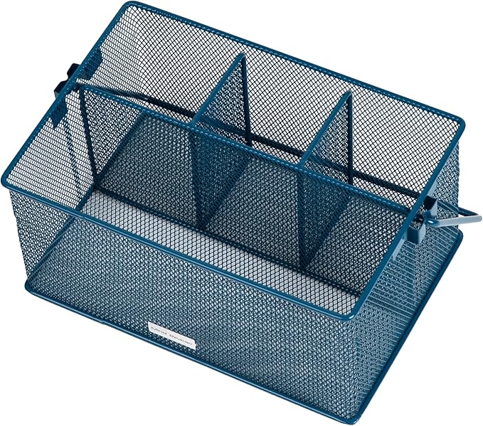 Mind Reader Multi-purpose Storage Caddy with Handle, Desktop Organizer, Cutlery Holder, 4 Compartments, Metal Mesh, Turquoise - Image 5