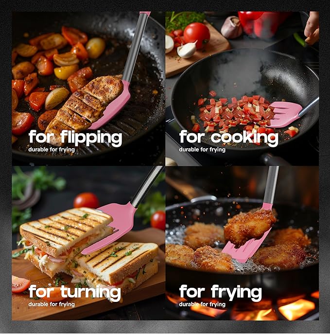 BakeRoyal Silicone Spatula Set - Turner Spatulas Silicone Heat Resistant 600°F - Slotted & Solid Spatula for Cooking Fish, Eggs, Pancakes Flipper – Spatulas for kitchen use – Pink - Image 3