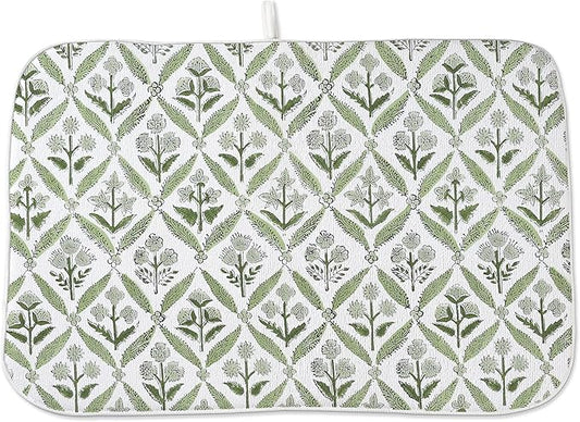 Boho Dish Drying Mat 18x24 Inches For Kitchen Counter Block Print Green Floral Kitchen Decoration Drying Mat Modern Decorative Flower Drying Pad Mat for Home Kitchen Decor,Dining Room,Office
