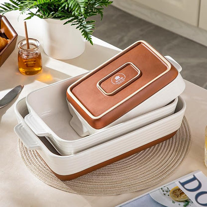 MALACASA Casserole Dishes for Oven, Ceramic Baking Dishes Set of 3, Baking Pan Casserole Dish Set, Rectangular Lasagna Pan Deep with Handles for Baking, Khaki White (14.5''/13''/10.5''), Series TARA - Image 7