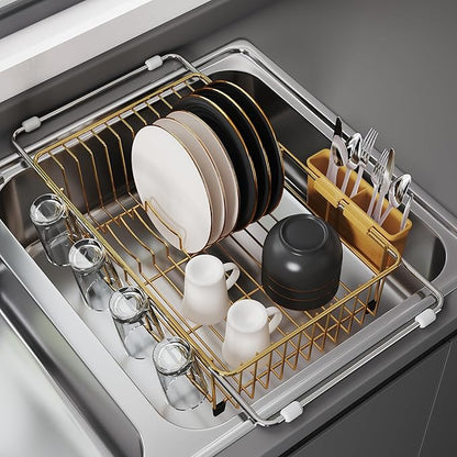 JASIWAY Gold in Sink Dish Drying Rack, Expandable Stainless Steel Small Dish Rack Over Kitchen Sink, Plate Drainer Strainer with Cutlery Holder & Cup Holders, Counter Space Saving Wire Dryer Rack by JASIWAY