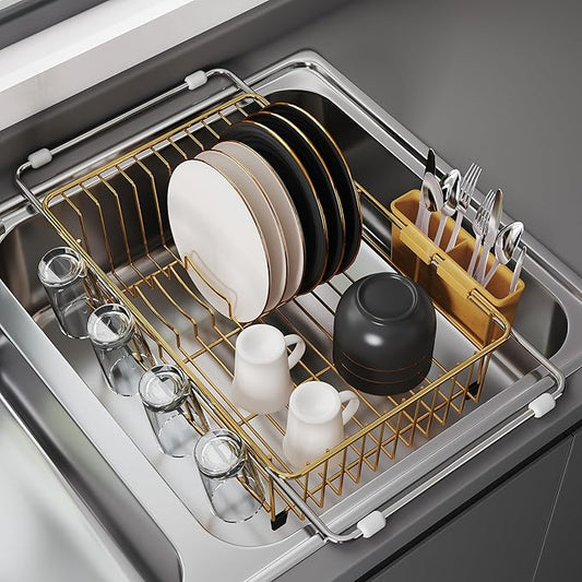 JASIWAY Gold in Sink Dish Drying Rack, Expandable Stainless Steel Small Dish Rack Over Kitchen Sink, Plate Drainer Strainer with Cutlery Holder & Cup Holders, Counter Space Saving Wire Dryer Rack by JASIWAY