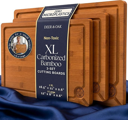 Pre-Oiled, Non Toxic 3-Piece Carbonized Bamboo Cutting Board Set, 500°F Carbonized Technology Eco-Friendly Wooden Chopping Boards for Kitchen with Juice Groove, Charcuterie Serving Boards Deer & Oak