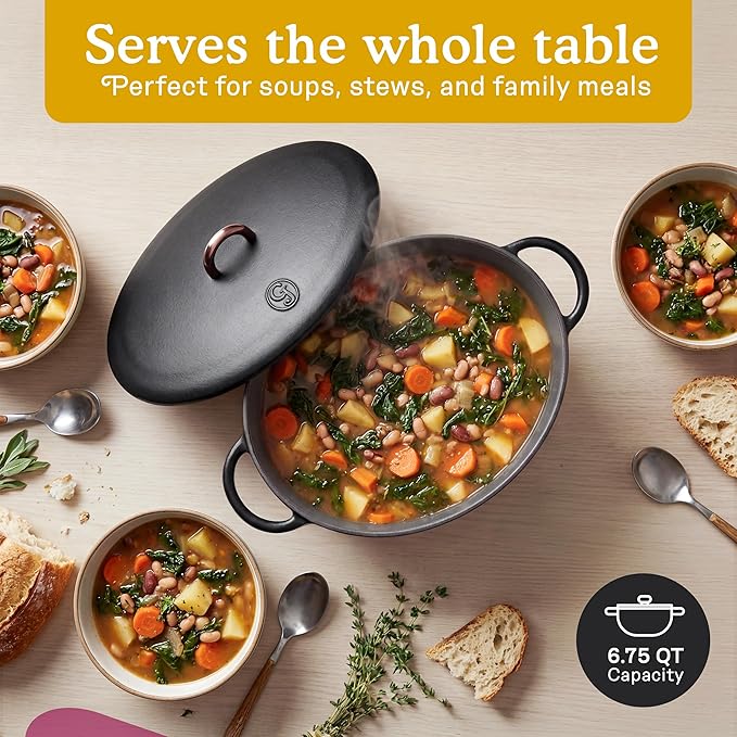 Great Jones Dutchess Cast Iron Dutch Oven Pot With Lid (Pepper) - Large 6.75 Quart Size, Dual Handles - All Stovetop Safe - 500° Dutch Oven For Bread Baking | Dishwasher Friendly