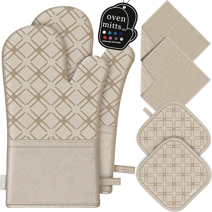 Oven Mitts and Pot Holders Set with Dishcloths, 500 Degree Heat Resistant Oven Gloves and Hot Pads, Premium Soft Cotton Kitchen Mittens and Dish Cloth Sets-Beige by HGYI