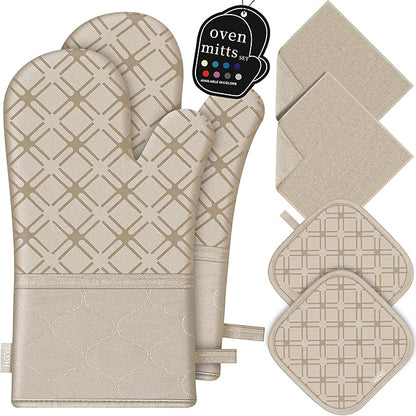 Oven Mitts and Pot Holders Set with Dishcloths, 500 Degree Heat Resistant Oven Gloves and Hot Pads, Premium Soft Cotton Kitchen Mittens and Dish Cloth Sets-Beige by HGYI