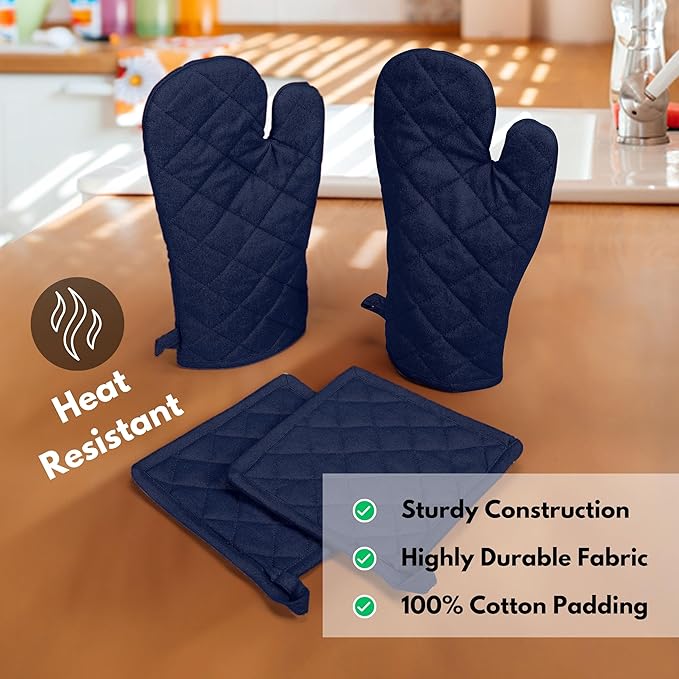Native Fab 4 Piece Set - 2 Oven Mitts & 2 Potholders, Heat Resistant, 100% Cotton, Quilted Design, Non-Slip Grip, Machine Washable, Ideal for Baking, Cooking, BBQ, Kitchen Protection - Navy Blue - Image 3