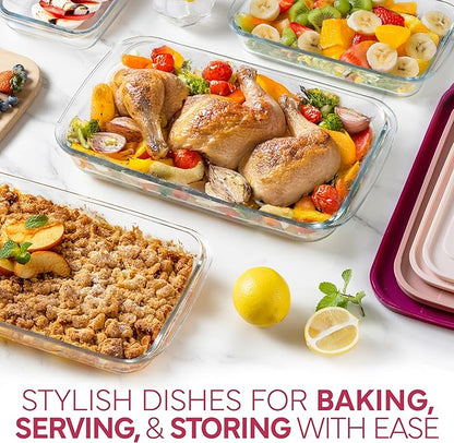 COOK WITH COLOR 8-Piece Deep Glass Baking Dish Set with Plastic Lids – Casserole and Food Storage Containers for Lasagna, Leftovers – Freezer-to-Oven, Microwave & Dishwasher Safe, Rose - Image 2