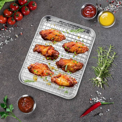 P&P CHEF 9 Inch Toaster Oven Pan with Rack Set, Stainless Steel Baking Pan Tray and Grid Cooling Rack for Cooking/Roasting, Dishwasher Safe & Easy to Clean, Non-toxic & Sturdy, (4Pcs)