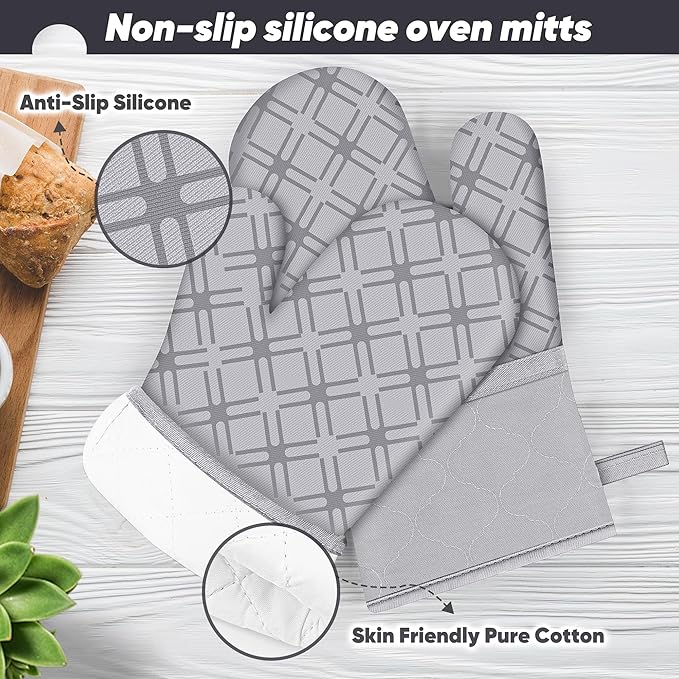 Oven Mitts and Pot Holders Set with Dishcloths, 500 Degree Heat Resistant Oven Gloves and Hot Pads, Premium Soft Cotton Kitchen Mittens and Dish Cloth Sets-Grey - Image 3