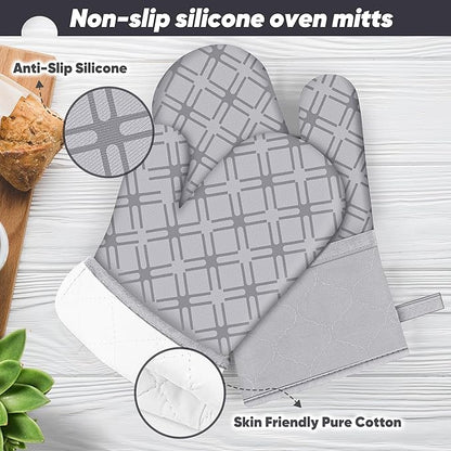 Oven Mitts and Pot Holders Set with Dishcloths, 500 Degree Heat Resistant Oven Gloves and Hot Pads, Premium Soft Cotton Kitchen Mittens and Dish Cloth Sets-Grey - Image 3