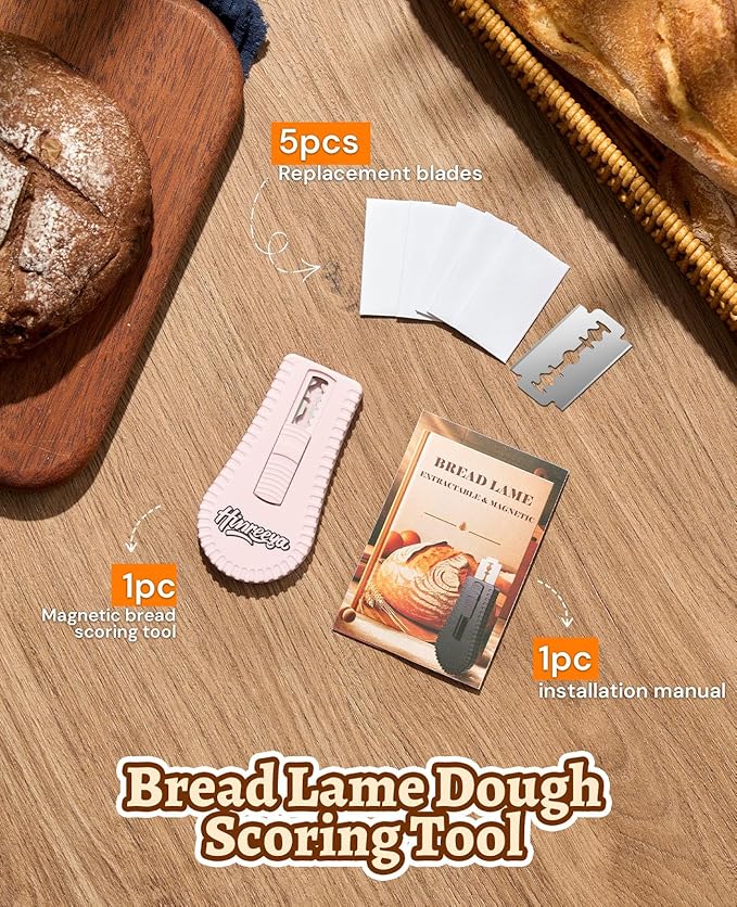 Bread Lame Extractable & Magnetic Dough Scoring Tool with Protective Cover - Easy-to-Use Bread Cutter for Artisan Sourdough, Pizza Dough, and More - Scoring Patterns Booklet & 5 Razor Blades