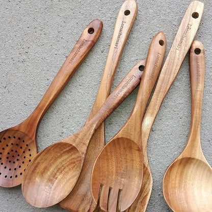 6-Piece Teak Wooden Kitchen Utensil Set – Heat Resistant, Durable, heat resistant Cooking Tools for Nonstick Cookware - Natural Rust-Free Wooden Spatulas & Spoons - Dishwasher Safe by Lonachamari