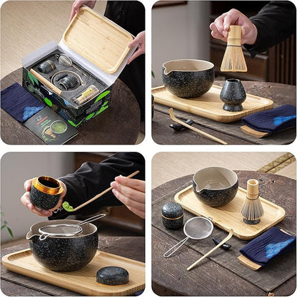 TEANAGOO Matcha Whisk Set, 10 Pcs Complete Set, Black, Matcha Kit with Tray, Bowl, Scoop, Sifter, Powder Jar, Gift for Matcha Lovers